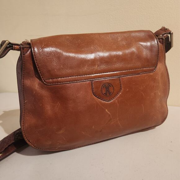 COLE HAAN Sierra Lasercut Brown Leather Crossbody Purse Distressed Boho Chic Bag - Picture 3 of 9